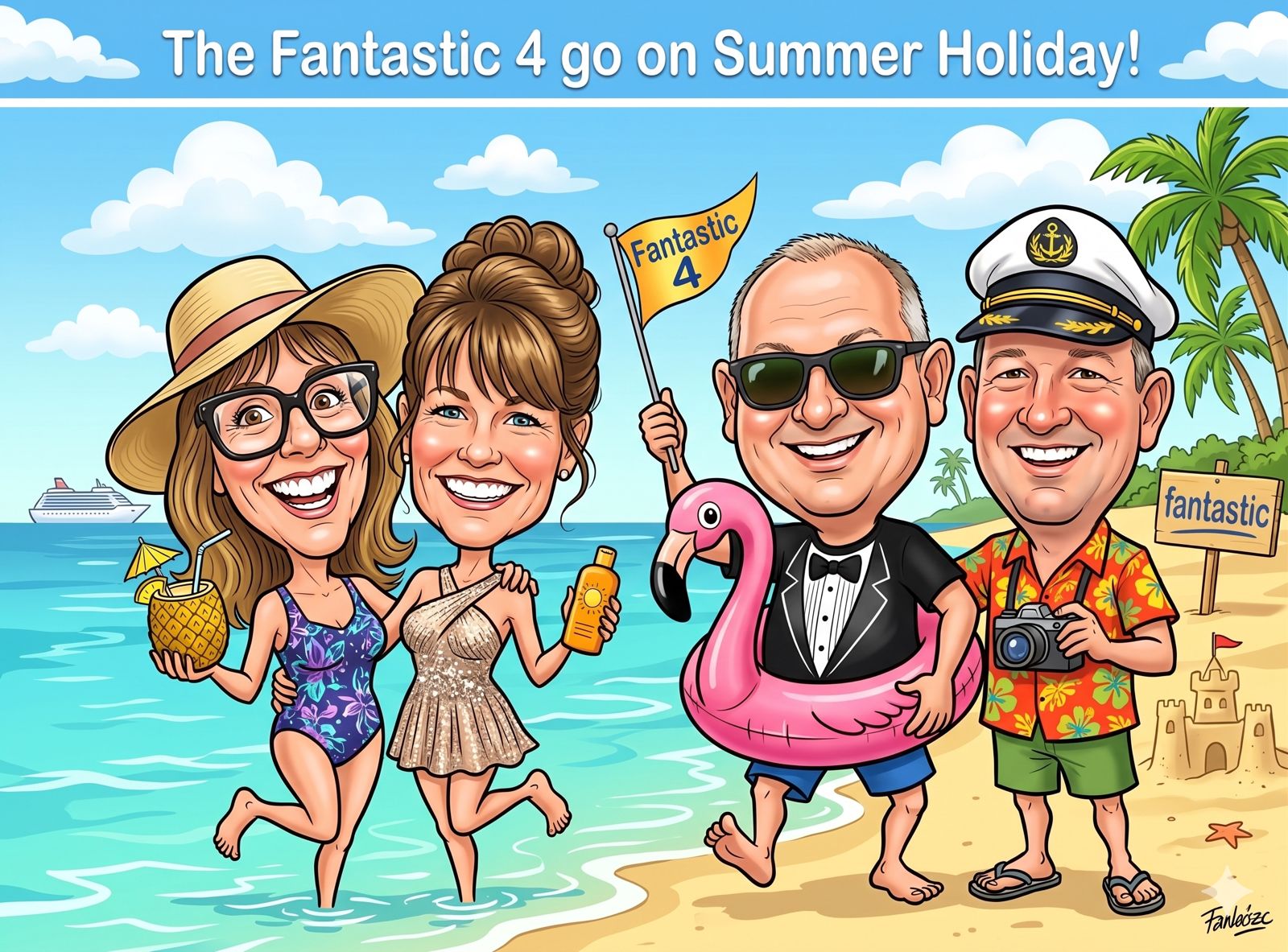 The Fantastic 4 go on Summer Holiday — a caricature illustration of our group celebrating on a Kefalonian beach, Fantastic 4 flag in hand